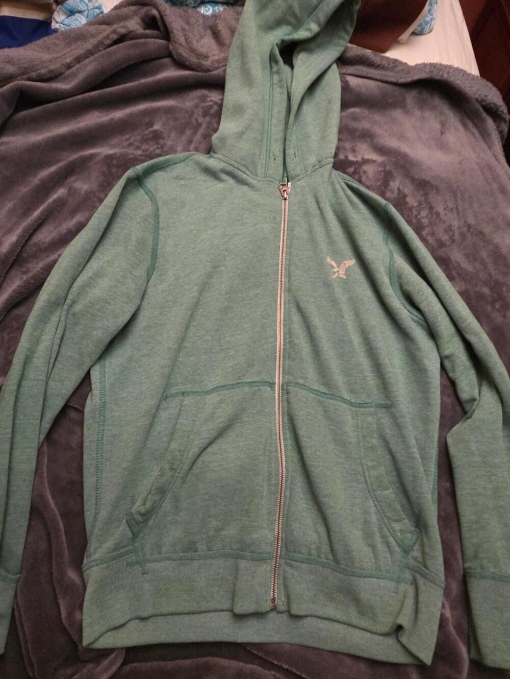 American Eagle Outfitters Heathered Green Full-Zip Hoodie